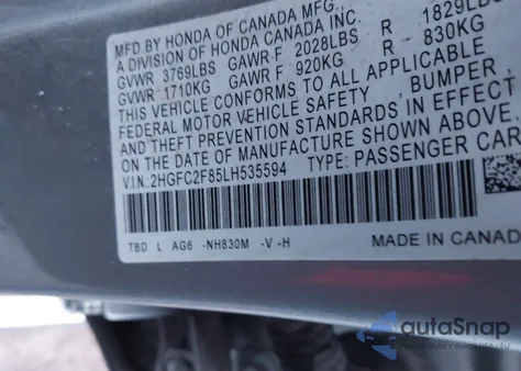 2020 Honda Civic Sport z USA, uszkodzony, nr VIN 2HGFC2F85LH535594